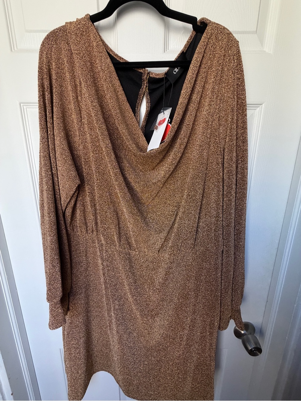 Cider Metallic Gold Long Sleeve Draped Neck Dress